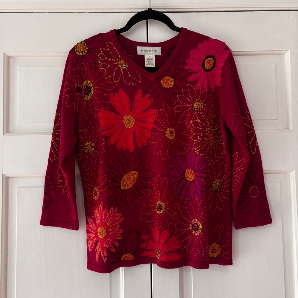 Susan Bristol Floral Dark Pink Handโ Embroidered Floral Sweater Size Large